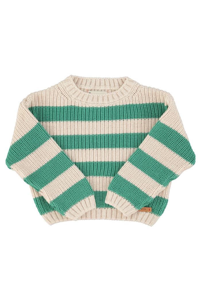 Unisex ecru knitted sweater with green stripes