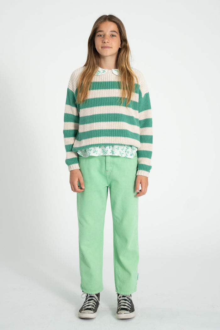 Unisex ecru knitted sweater with green stripes