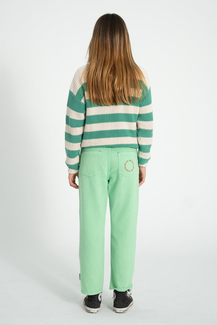 Unisex ecru knitted sweater with green stripes