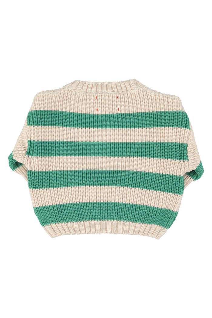 Unisex ecru knitted sweater with green stripes