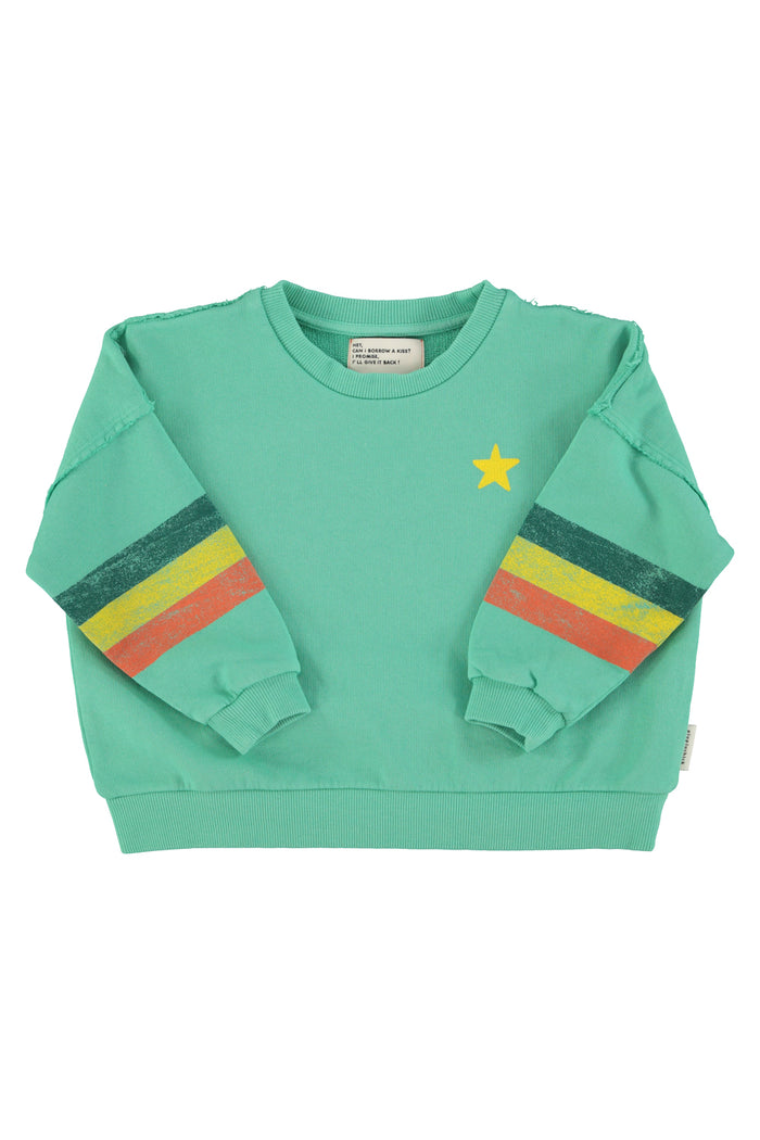 Unisex green sweatshirt with multicolor sleeve stripes