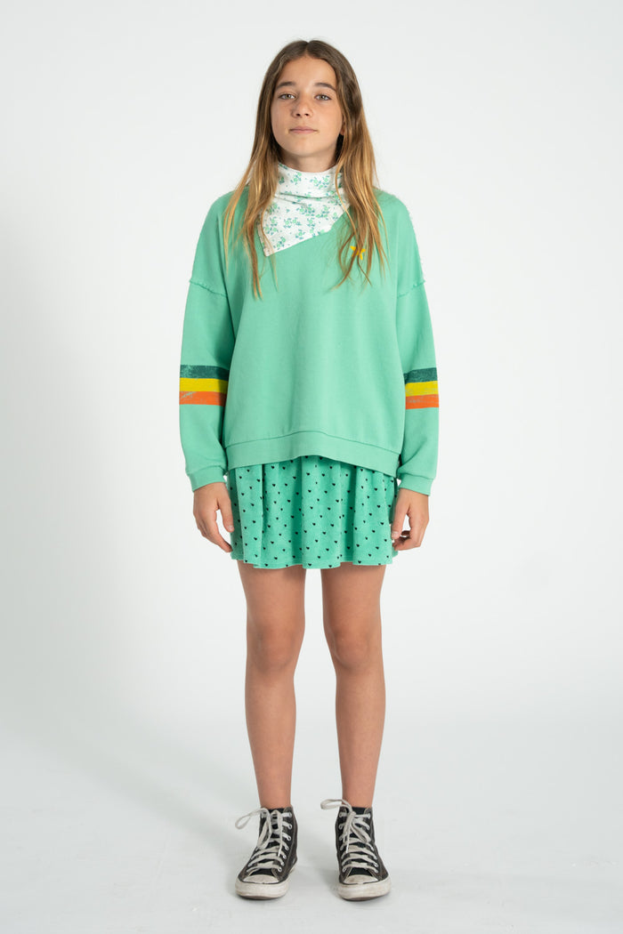 Unisex green sweatshirt with multicolor sleeve stripes