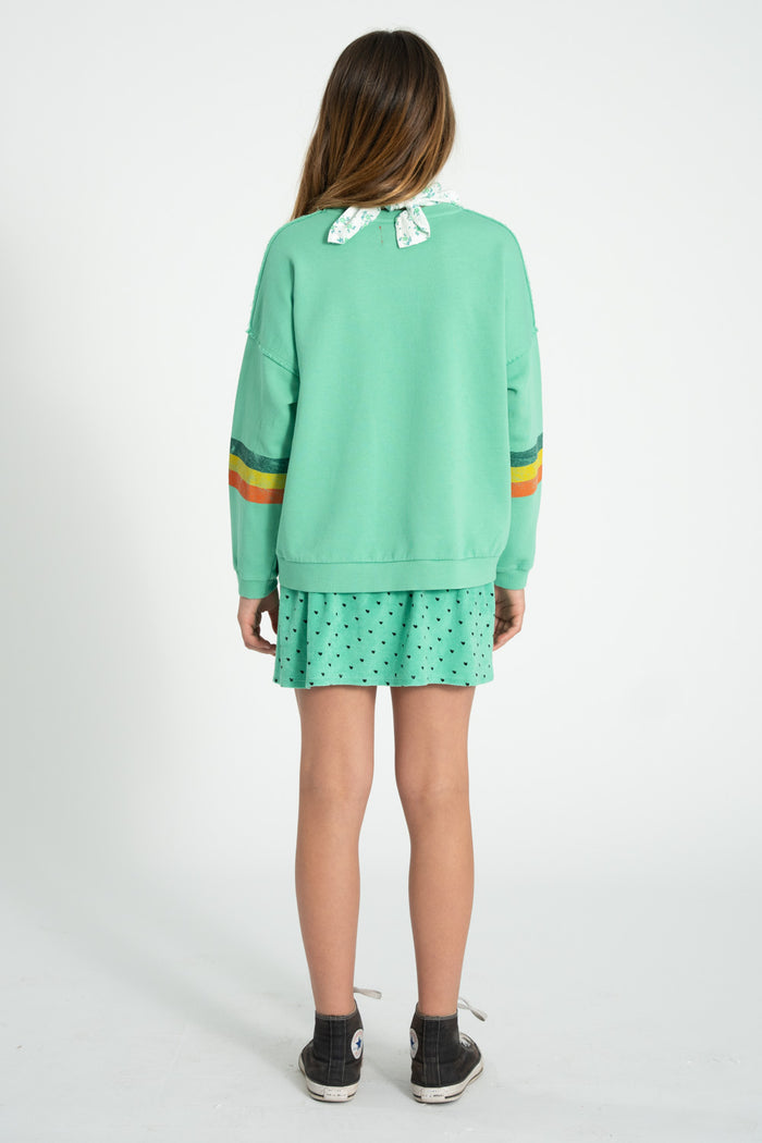Unisex green sweatshirt with multicolor sleeve stripes
