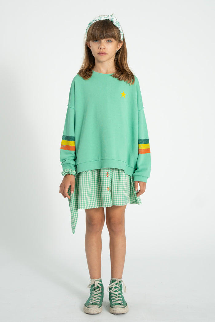 Unisex green sweatshirt with multicolor sleeve stripes