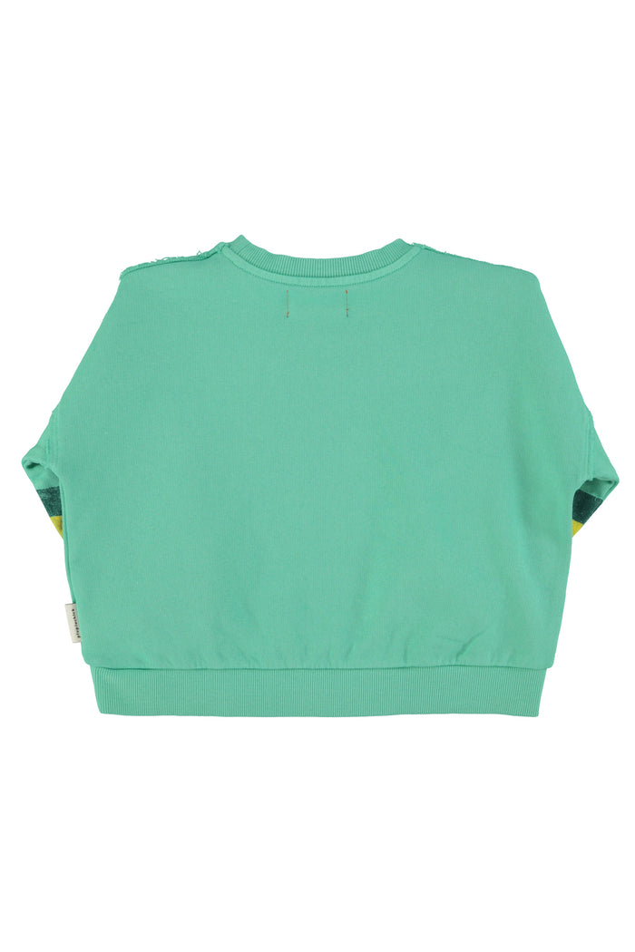 Unisex green sweatshirt with multicolor sleeve stripes