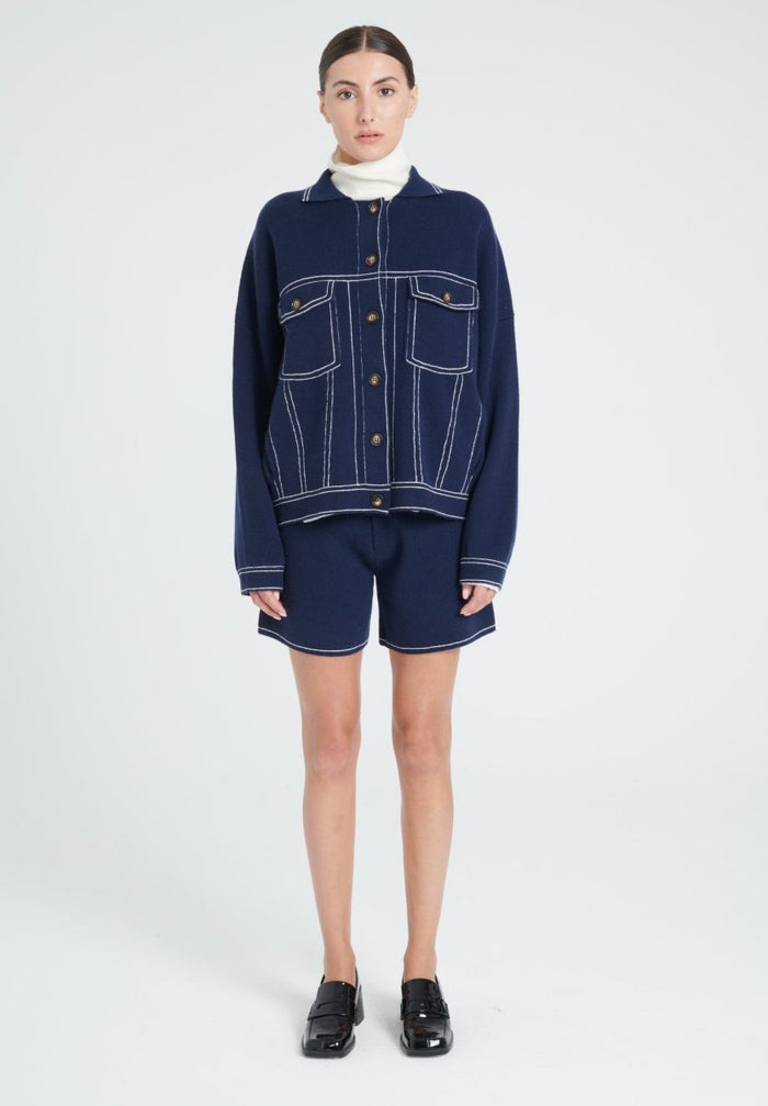 ZAYA 14 Veste à maille milano en cachemire bleu marine