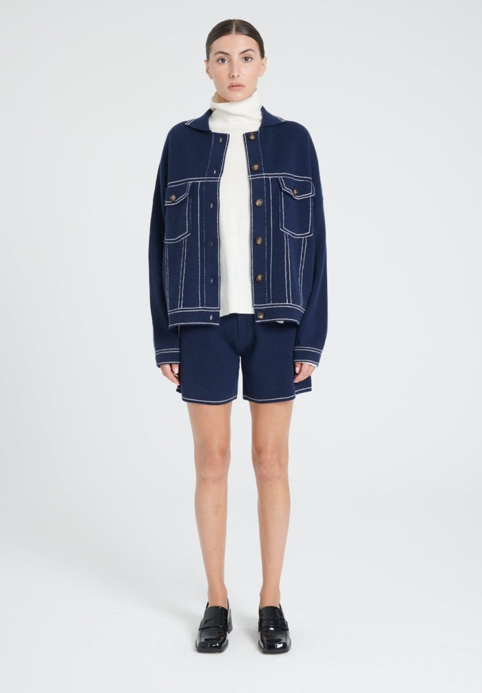 ZAYA 14 Veste à maille milano en cachemire bleu marine
