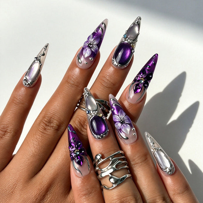 Violet Relic gothic stiletto press on nails, purple cat-eye cabochon and silver filigree nail art