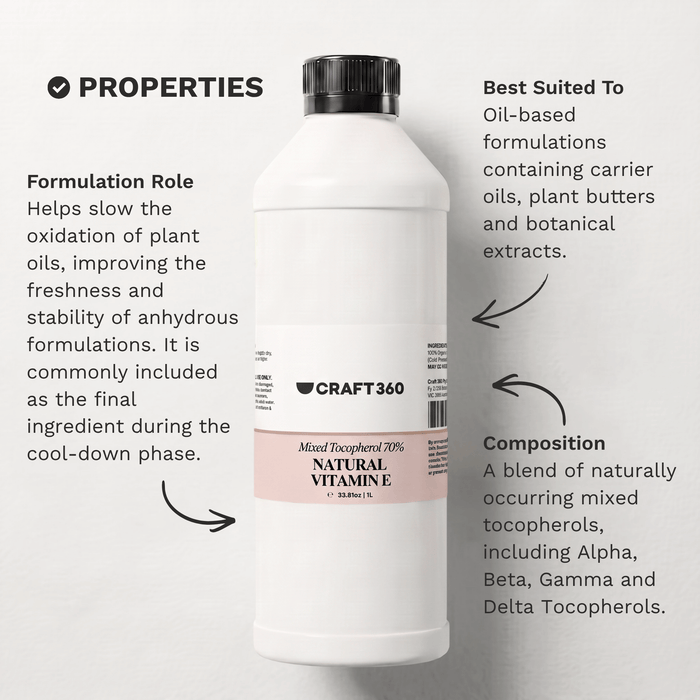 Infographic outlining the key properties and formulation characteristics of Natural Vitamin E Mixed Tocopherols