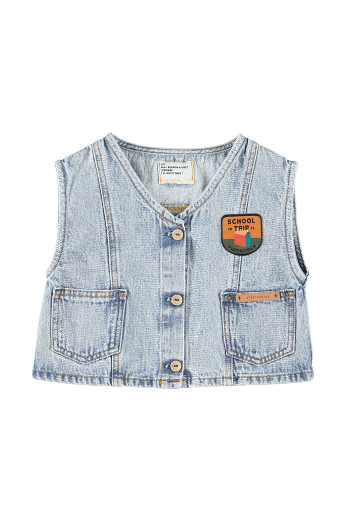 Waistcoat Fadded Light Blue Denim with "captain" Print