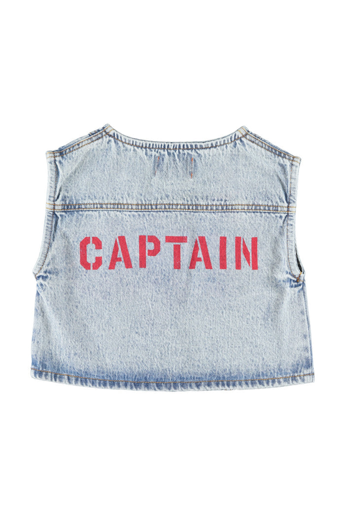 Waistcoat Fadded Light Blue Denim with "captain" Print
