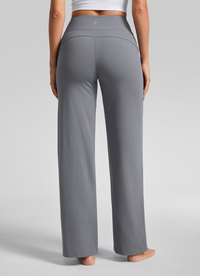 CRZ YOGA Women's Work High Rise Pocket Wide Leg Faux Fly Pant 30" Solar Grey