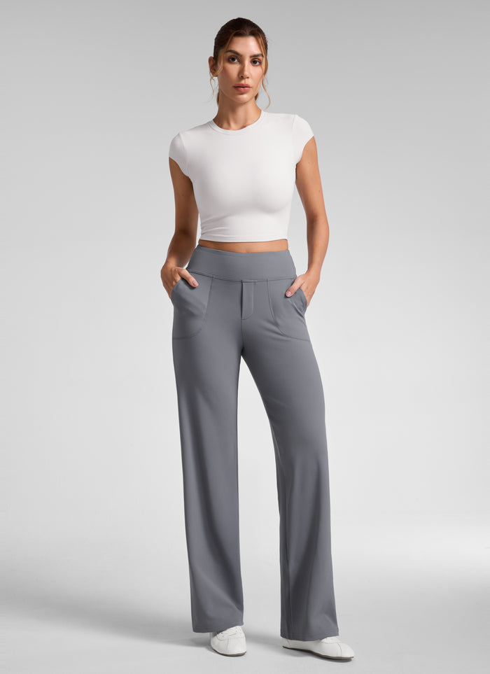 CRZ YOGA Women's Work High Rise Pocket Wide Leg Faux Fly Pant 30" Solar Grey