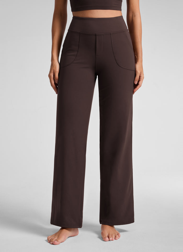 CRZ YOGA Women's Work High Rise Pocket Wide Leg Faux Fly Pant 30" Hot Fudge Brown