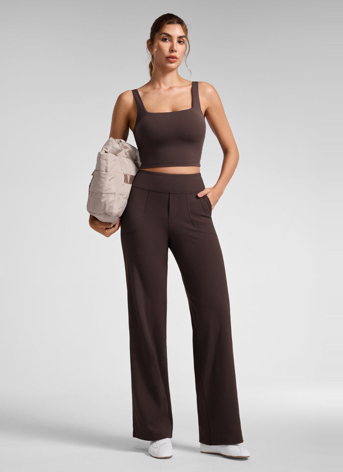 CRZ YOGA Women's Work High Rise Pocket Wide Leg Faux Fly Pant 30" Hot Fudge Brown