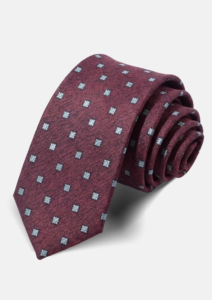 Wine Red Geometric Floral Tie - SARTORO