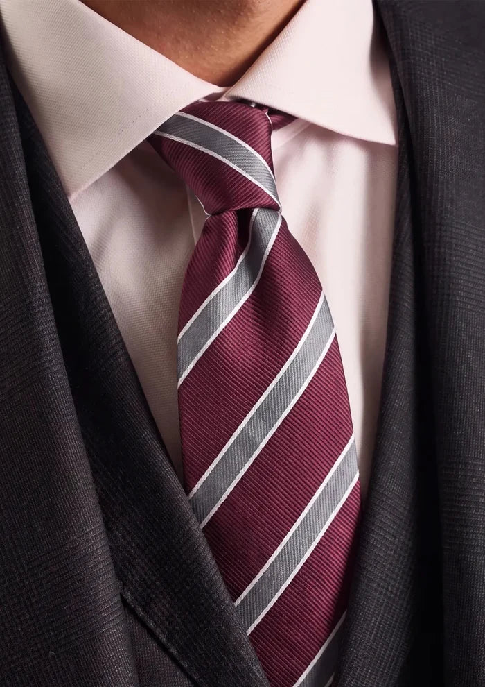 Wine Red Silver Stripe Tie - SARTORO