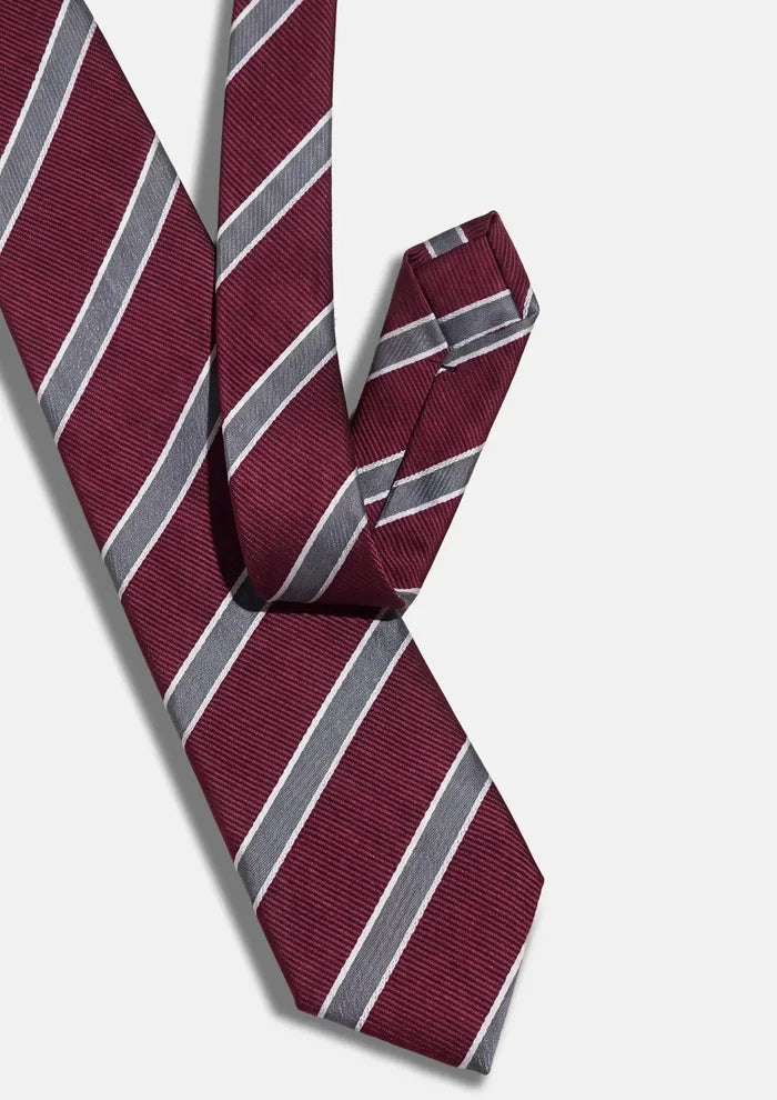 Wine Red Silver Stripe Tie - SARTORO