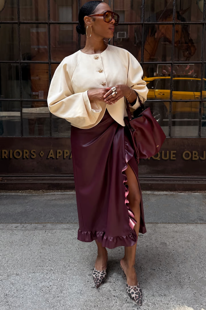 Wine Ruffle Vegan Leather Jaspre Skirt