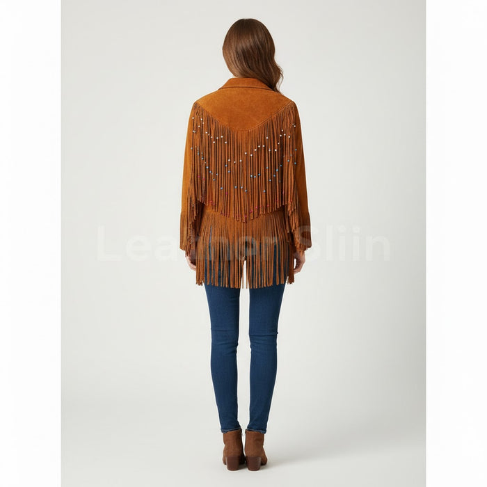 Women Tan Western fringes suede leather jacket