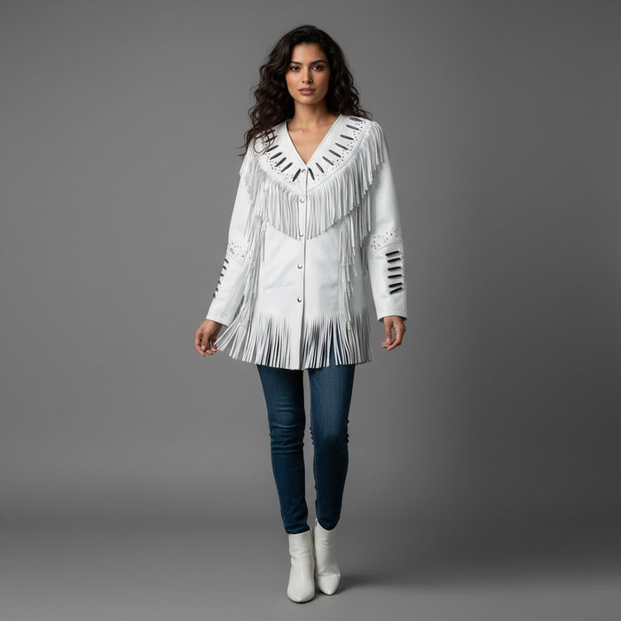 Women's White Suede Leather Fringe Jacket