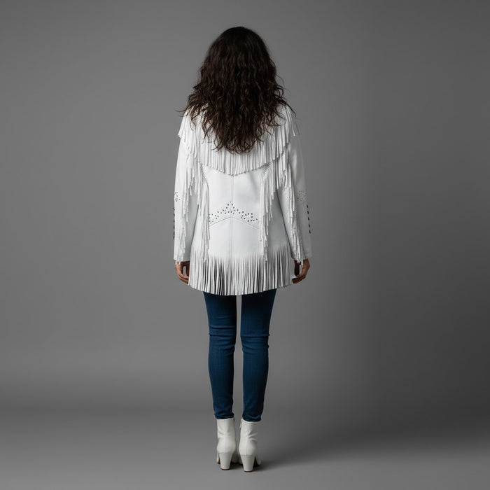 Women's White Suede Leather Fringe Jacket