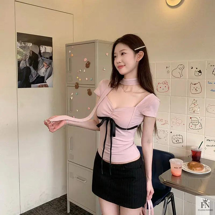Y2K Bow Top With Scarf - Fashionnsio