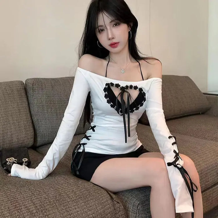 Y2K Off Shoulder Heart Bow Lace-up Top fashionnsio