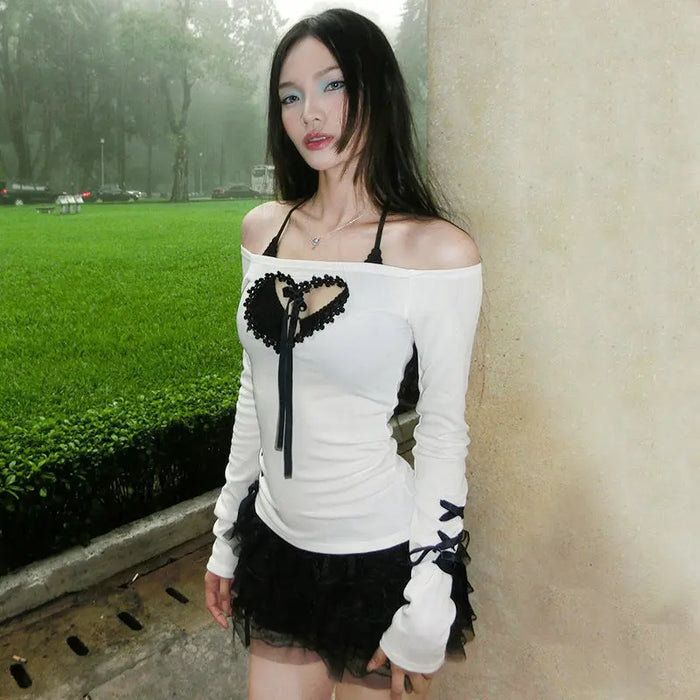 Y2K Off Shoulder Heart Bow Lace-up Top fashionnsio