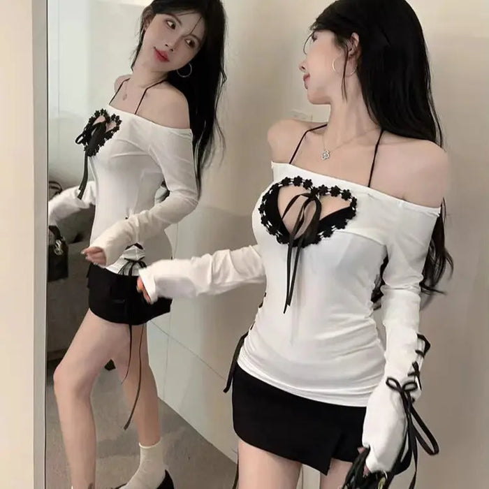 Y2K Off Shoulder Heart Bow Lace-up Top fashionnsio