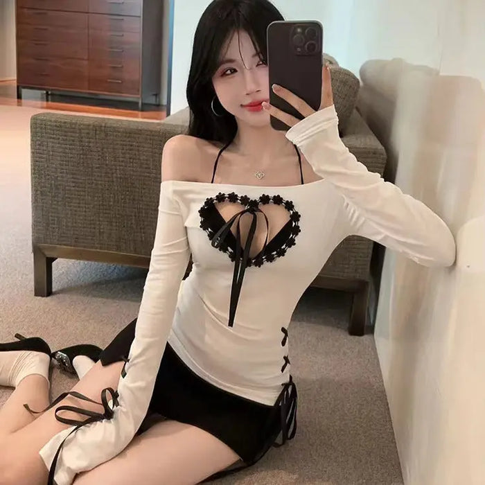 Y2K Off Shoulder Heart Bow Lace-up Top fashionnsio