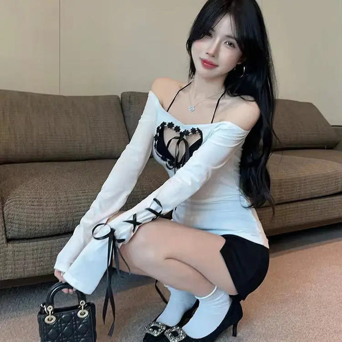 Y2K Off Shoulder Heart Bow Lace-up Top fashionnsio